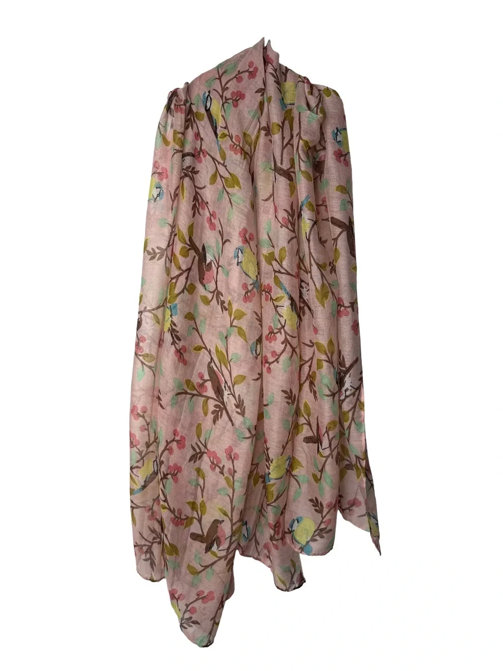 GERINLY Lightweight Pink Floral Bird Print Sheer Scarf Winter Shawl Wrap 32x72